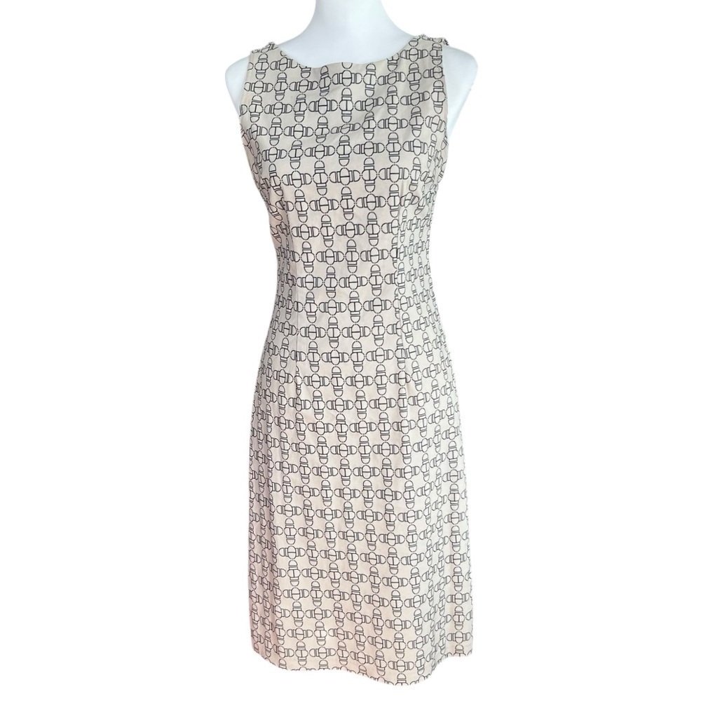 Vintage Sleeveless Midi Dress Beige Black Print Career Cocktail Party SZ M